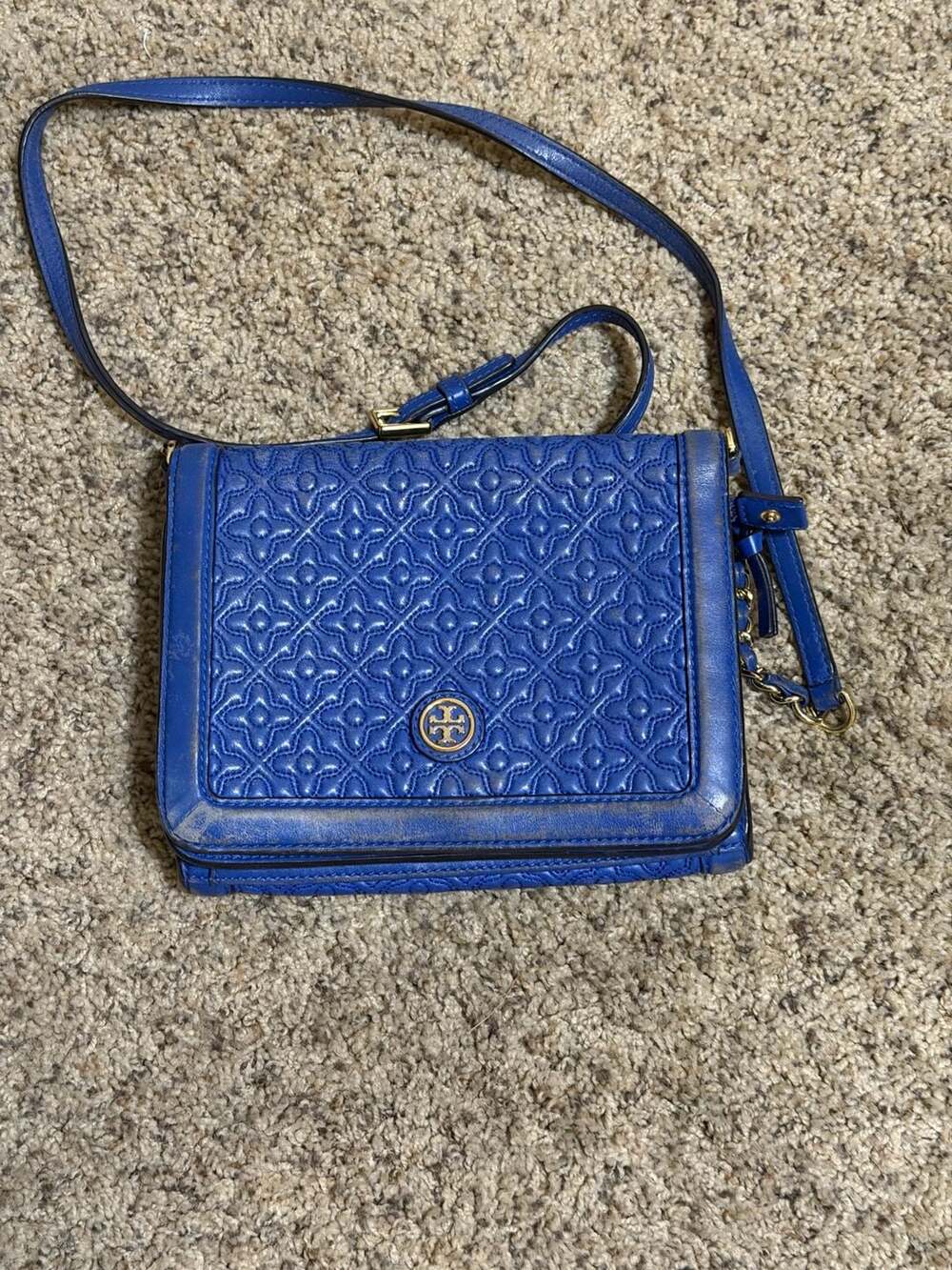 Tory Burch Bryant Quilted Blue Leather Crossbody Bag